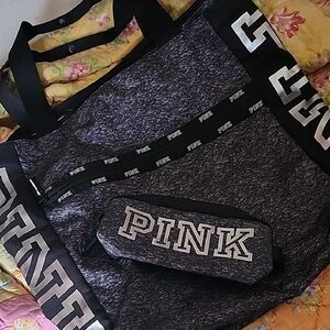PINK Victoria's Secret Heathered Black and Silver Tote with POUCH